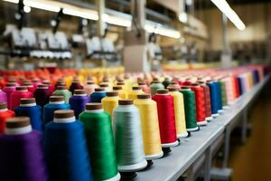 tessile stoffa fabbrica industria con ricamo macchina, maglieria o Filatura. cucire filo azienda concetto di ai generato foto