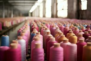 tessile stoffa fabbrica industria con ricamo macchina, maglieria o Filatura. cucire filo azienda concetto di ai generato foto