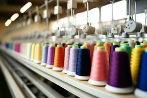 tessile stoffa fabbrica industria con ricamo macchina, maglieria o Filatura. cucire filo azienda concetto di ai generato foto