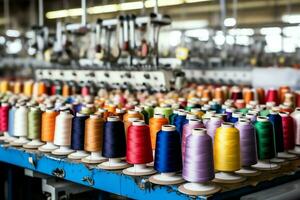 tessile stoffa fabbrica industria con ricamo macchina, maglieria o Filatura. cucire filo azienda concetto di ai generato foto