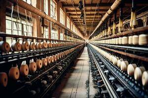 tessile stoffa fabbrica industria con ricamo macchina, maglieria o Filatura. cucire filo azienda concetto di ai generato foto