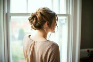 un' bellissimo sposa con un' ciambella acconciature per lungo capelli Guarda a partire dal Indietro. un' femmina acconciatura posteriore Visualizza concetto di ai generato foto