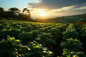 bellissimo Visualizza di un' tè campo piantagione, vigneto azienda agricola o fragola giardino nel il verde colline a Alba concetto di ai generato foto