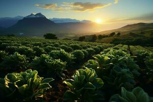 bellissimo Visualizza di un' tè campo piantagione, vigneto azienda agricola o fragola giardino nel il verde colline a Alba concetto di ai generato foto