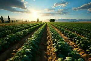 bellissimo Visualizza di un' tè campo piantagione, vigneto azienda agricola o fragola giardino nel il verde colline a Alba concetto di ai generato foto