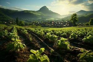 bellissimo Visualizza di un' tè campo piantagione, vigneto azienda agricola o fragola giardino nel il verde colline a Alba concetto di ai generato foto