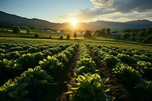 bellissimo Visualizza di un' tè campo piantagione, vigneto azienda agricola o fragola giardino nel il verde colline a Alba concetto di ai generato foto