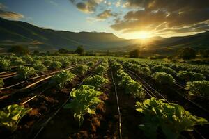 bellissimo Visualizza di un' tè campo piantagione, vigneto azienda agricola o fragola giardino nel il verde colline a Alba concetto di ai generato foto