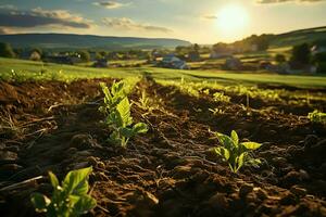 bellissimo Visualizza di un' tè campo piantagione, vigneto azienda agricola o fragola giardino nel il verde colline a Alba concetto di ai generato foto