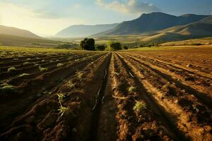 bellissimo Visualizza di un' tè campo piantagione, vigneto azienda agricola o fragola giardino nel il verde colline a Alba concetto di ai generato foto