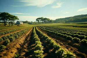 bellissimo Visualizza di un' tè campo piantagione, vigneto azienda agricola o fragola giardino nel il verde colline a Alba concetto di ai generato foto