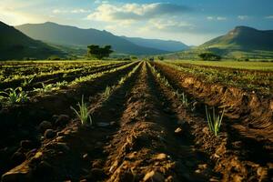 bellissimo Visualizza di un' tè campo piantagione, vigneto azienda agricola o fragola giardino nel il verde colline a Alba concetto di ai generato foto