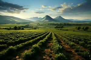 bellissimo Visualizza di un' tè campo piantagione, vigneto azienda agricola o fragola giardino nel il verde colline a Alba concetto di ai generato foto