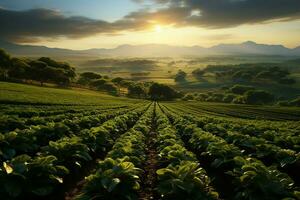 bellissimo Visualizza di un' tè campo piantagione, vigneto azienda agricola o fragola giardino nel il verde colline a Alba concetto di ai generato foto