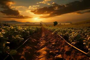 bellissimo Visualizza di un' tè campo piantagione, vigneto azienda agricola o fragola giardino nel il verde colline a Alba concetto di ai generato foto