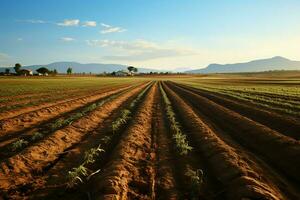 bellissimo Visualizza di un' tè campo piantagione, vigneto azienda agricola o fragola giardino nel il verde colline a Alba concetto di ai generato foto