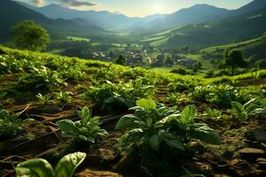 bellissimo Visualizza di un' tè campo piantagione, vigneto azienda agricola o fragola giardino nel il verde colline a Alba concetto di ai generato foto