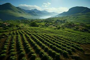 bellissimo Visualizza di un' tè campo piantagione, vigneto azienda agricola o fragola giardino nel il verde colline a Alba concetto di ai generato foto