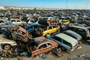 ruggine vecchio Rifiuto macchine con ambiente inquinamento nel discarica per raccolta differenziata. abbandonato auto rifiuto concetto di ai generato foto