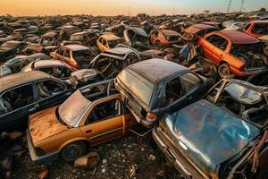 ruggine vecchio Rifiuto macchine con ambiente inquinamento nel discarica per raccolta differenziata. abbandonato auto rifiuto concetto di ai generato foto