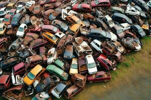 ruggine vecchio Rifiuto macchine con ambiente inquinamento nel discarica per raccolta differenziata. abbandonato auto rifiuto concetto di ai generato foto