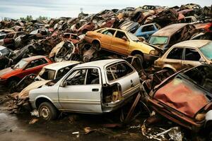 ruggine vecchio Rifiuto macchine con ambiente inquinamento nel discarica per raccolta differenziata. abbandonato auto rifiuto concetto di ai generato foto