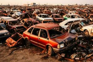 ruggine vecchio Rifiuto macchine con ambiente inquinamento nel discarica per raccolta differenziata. abbandonato auto rifiuto concetto di ai generato foto