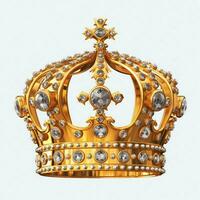 regale d'oro imperatore corona di un' re su bianca sfondo. 3d interpretazione lusso reale re oro corona concetto di ai generato foto