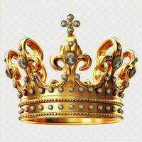 regale d'oro imperatore corona di un' re su bianca sfondo. 3d interpretazione lusso reale re oro corona concetto di ai generato foto