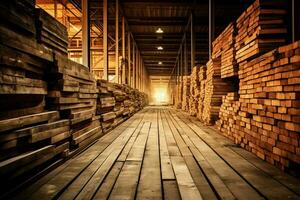 di legno tavola o tavola nel il legname mulino industria. pila di logs e legna nel il segheria produzione concetto di ai generato foto