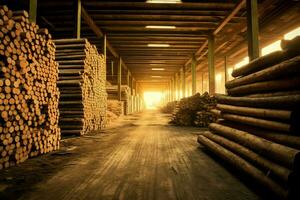 di legno tavola o tavola nel il legname mulino industria. pila di logs e legna nel il segheria produzione concetto di ai generato foto