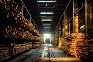 di legno tavola o tavola nel il legname mulino industria. pila di logs e legna nel il segheria produzione concetto di ai generato foto