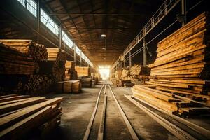 di legno tavola o tavola nel il legname mulino industria. pila di logs e legna nel il segheria produzione concetto di ai generato foto