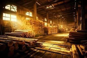 di legno tavola o tavola nel il legname mulino industria. pila di logs e legna nel il segheria produzione concetto di ai generato foto