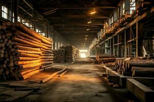 di legno tavola o tavola nel il legname mulino industria. pila di logs e legna nel il segheria produzione concetto di ai generato foto