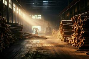 di legno tavola o tavola nel il legname mulino industria. pila di logs e legna nel il segheria produzione concetto di ai generato foto