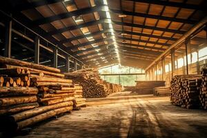 di legno tavola o tavola nel il legname mulino industria. pila di logs e legna nel il segheria produzione concetto di ai generato foto