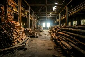 di legno tavola o tavola nel il legname mulino industria. pila di logs e legna nel il segheria produzione concetto di ai generato foto