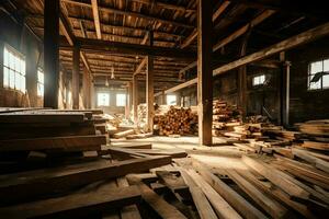 di legno tavola o tavola nel il legname mulino industria. pila di logs e legna nel il segheria produzione concetto di ai generato foto