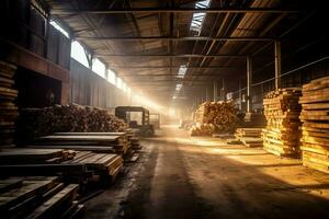 di legno tavola o tavola nel il legname mulino industria. pila di logs e legna nel il segheria produzione concetto di ai generato foto