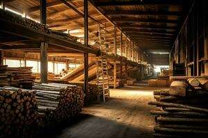 di legno tavola o tavola nel il legname mulino industria. pila di logs e legna nel il segheria produzione concetto di ai generato foto