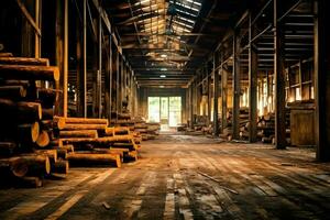 di legno tavola o tavola nel il legname mulino industria. pila di logs e legna nel il segheria produzione concetto di ai generato foto