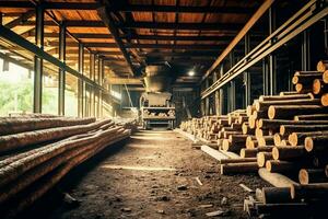 di legno tavola o tavola nel il legname mulino industria. pila di logs e legna nel il segheria produzione concetto di ai generato foto