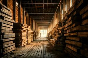 di legno tavola o tavola nel il legname mulino industria. pila di logs e legna nel il segheria produzione concetto di ai generato foto