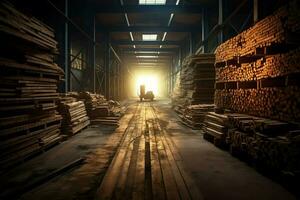 di legno tavola o tavola nel il legname mulino industria. pila di logs e legna nel il segheria produzione concetto di ai generato foto