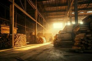 di legno tavola o tavola nel il legname mulino industria. pila di logs e legna nel il segheria produzione concetto di ai generato foto