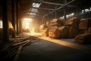 di legno tavola o tavola nel il legname mulino industria. pila di logs e legna nel il segheria produzione concetto di ai generato foto