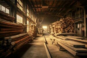 di legno tavola o tavola nel il legname mulino industria. pila di logs e legna nel il segheria produzione concetto di ai generato foto