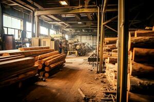 di legno tavola o tavola nel il legname mulino industria. pila di logs e legna nel il segheria produzione concetto di ai generato foto