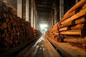 di legno tavola o tavola nel il legname mulino industria. pila di logs e legna nel il segheria produzione concetto di ai generato foto